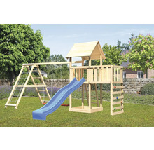 Aire de jeux en bois avec balançoire, toboggan, mur d''escalade et tour de jeux dans le jardin
