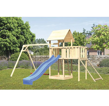 Aire de jeux avec balançoire, toboggan et échelle dans le jardin