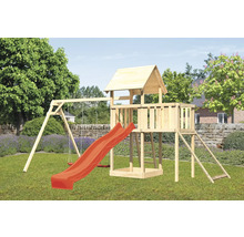 Aire de jeux en bois avec toboggan et balançoire dans le jardin