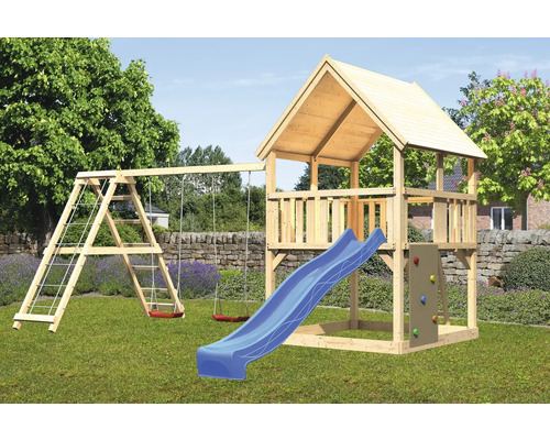 Tour de jeux cabane de jeux Karibu Frieda 200 x 200 cm en bois avec tour de base, toboggan, mur d'escalade, extension et portique