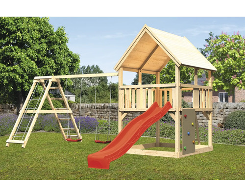 Tour de jeux cabane de jeux Karibu Frieda 200 x 200 cm en bois avec tour de base, extension, plateforme, rampe en filet, portique et toboggan