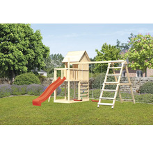 Aire de jeux avec toboggan, balançoire et structure d''escalade en bois dans le jardin