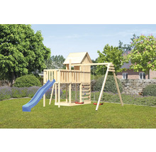 Aire de jeux avec tour, balançoire et toboggan dans le jardin