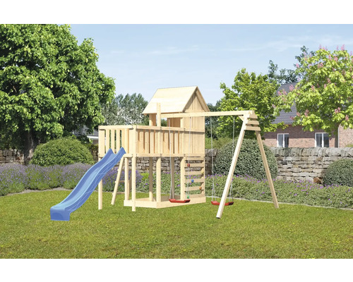 Spielturm Spielhaus Karibu Frieda 107 x 107 cm Holz bestehend aus Rutsche, 2 Brettschaukeln, Anbau, Kletterwand, blau Spielplatz mit Turm, Schaukel und Rutsche im Garten