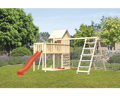 Tour de jeux cabane de jeux Karibu Frieda 107 x 107 cm en bois composée d'une extension, d'une tour de base, d'un mur d'escalade, d'un balançoire, d'une plateforme, d'un toboggan, rouge Aire de jeux en bois avec toboggan, balançoire et structure d''escalade dans le jardin