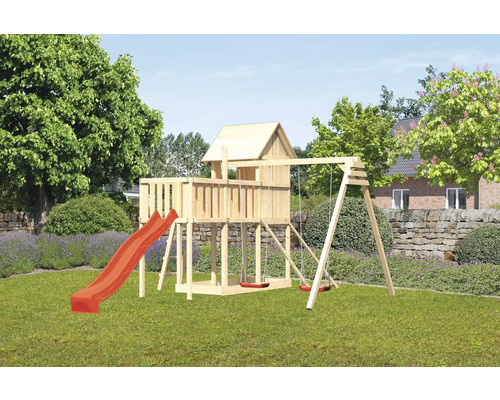 Spielturm Spielhaus Karibu Frieda 107 x 107 cm Holz bestehend aus Rutsche, 2 Brettschaukeln, Anbau, Netzrampe, rot Spielplatz mit Holzhaus, Rutsche und Schaukel für den Garten