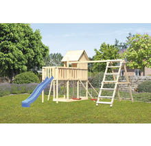 Aire de jeux en bois avec toboggan, balançoire et structure d''escalade dans le jardin.