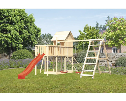 Tour de jeux cabane de jeux Karibu Frieda 107 x 107 cm en bois composée d'une tour de base, d'un toboggan, d'une extension, d'une rampe en filet, d'un balançoire, d'une plateforme, rouge Tour de jeux avec toboggan, balançoire et échelle dans le jardin