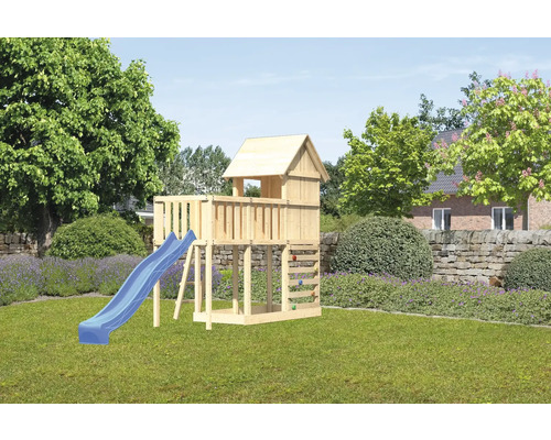Spielturm Spielhaus Karibu Frieda 107 x 107 cm Holz bestehend aus Rutsche, Anbau, Kletterwand, blau Spielturm aus Holz mit Rutsche und Kletterwand im Garten