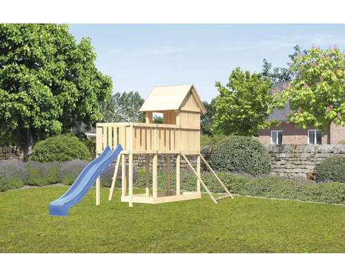 Spielturm Spielhaus Karibu Frieda 107 x 107 cm Holz bestehend aus Rutsche, Anbau, Netzrampe, blau Spielturm aus Holz mit Rutsche im Garten