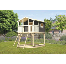 Cabane de jeu en bois avec bac à sable dans le jardin