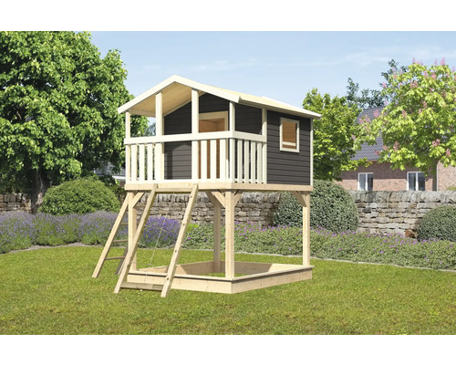 Tour de jeux cabane de jeux Karibu Benjamin 198 x 244 cm en bois gris avec rampe en filet