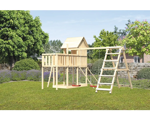 Tour de jeux cabane de jeux Karibu Frieda 107 x 107 cm en bois composée d'une tour de base, d'une extension, d'une plateforme, d'une rampe en filet, d'une balançoire rouge Aire de jeux en bois avec balançoire et toboggan dans le jardin