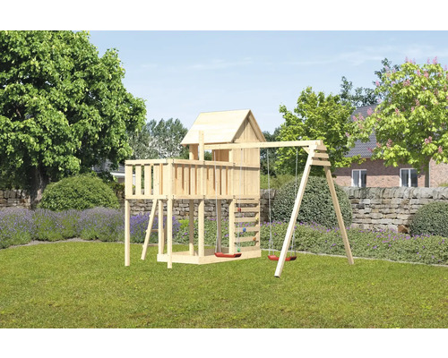Aire de jeux en bois avec balançoire dans le jardin