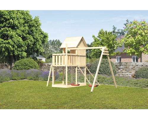 Tour de jeu en bois avec balançoire dans le jardin