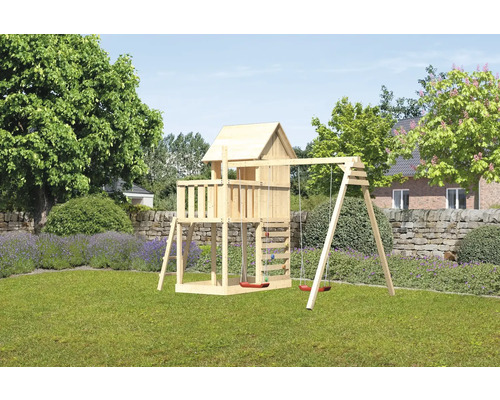 Tour de jeu en bois avec balançoire dans le jardin