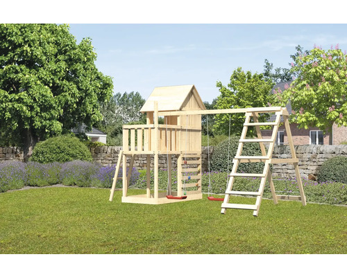 Tour de jeux cabane de jeux Karibu Frieda 107 x 107 cm en bois composée d'une tour de base, d'une extension, d'une plateforme, d'une rampe en filet, d'un mur d'escalade, d'un balançoire rouge Tour de jeux en bois avec balançoire et échelle dans le jardin