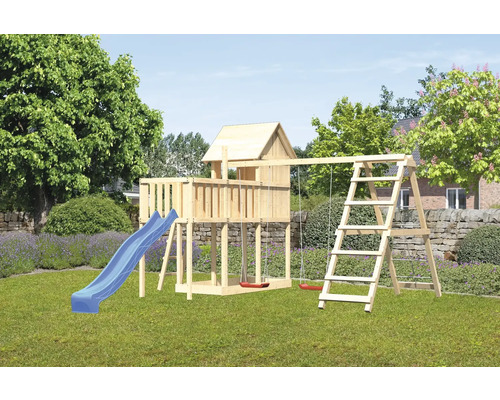 Tour de jeux cabane de jeux Karibu Frieda 107 x 107 cm en bois composée d'une tour de base, d'une extension, d'une plateforme, d'une rampe en filet, d'une balançoire, d'un toboggan bleu Aire de jeux en bois avec toboggan, balançoire et échelle d''escalade dans le jardin