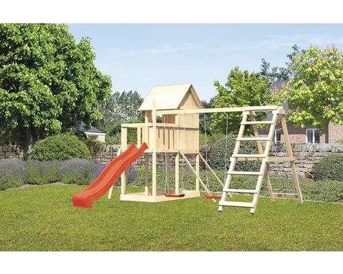 Tour de jeux cabane de jeux Karibu Frieda 107 x 107 cm en bois composée d'une tour de base, d'une extension, d'une plateforme, d'une rampe en filet, d'une balançoire, d'un toboggan, rouge Maison de jeux en bois avec toboggan et balançoire dans le jardin