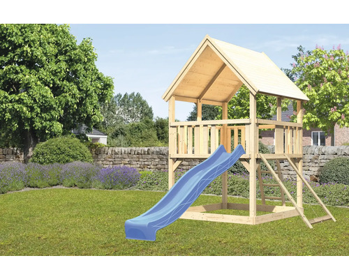 Tour de jeux cabane de jeux Karibu Luis 200 x 200 cm en bois avec toboggan et rampe en filet