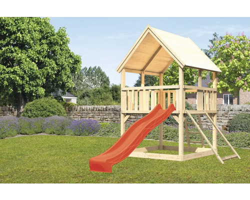 Tour de jeux cabane de jeux Karibu Luis 200 x 200 cm en bois avec toboggan et rampe en filet