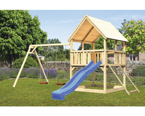 Tour de jeux cabane de jeux Karibu Luis 200 x 200 cm en bois avec toboggan, 2 balançoires et rampe en filet