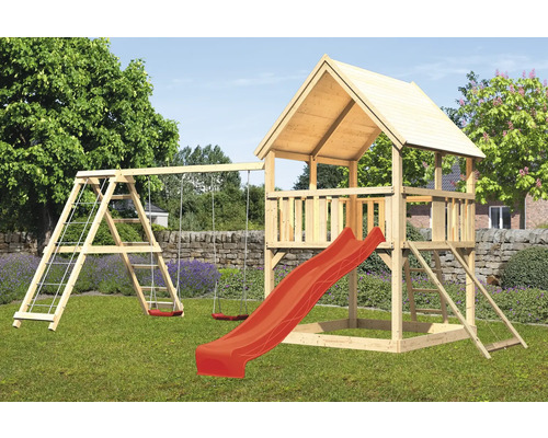 Tour de jeux cabane de jeux Karibu Luis 200 x 200 cm en bois avec tour de base, toboggan, mur d'escalade, une extension et un portique