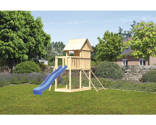 Spielturm Spielhaus Karibu Frieda 107 x 107 cm Holz bestehend aus Rutsche, Netzrampe, blau Spielturm mit Rutsche im Garten