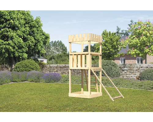 Tour de jeux cabane de jeux Karibu Löwenherz 107 x 107 cm en bois avec rampe en filet