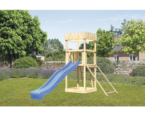 Tour de jeux cabane de jeux Karibu Löwenherz 107 x 107 cm en bois avec toboggan et rampe en filet