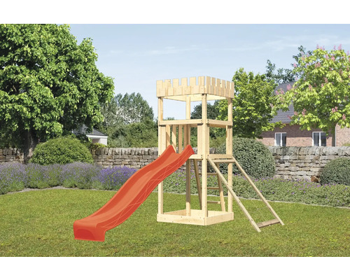 Spielturm Spielhaus Karibu Löwenherz 107 x 107 cm Holz bestehend aus Rutsche, Netzrampe