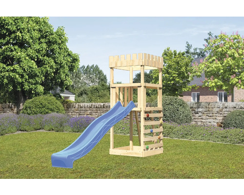 Tour de jeux cabane de jeux Karibu Löwenherz 107 x 107 cm en bois avec toboggan et mur d'escalade