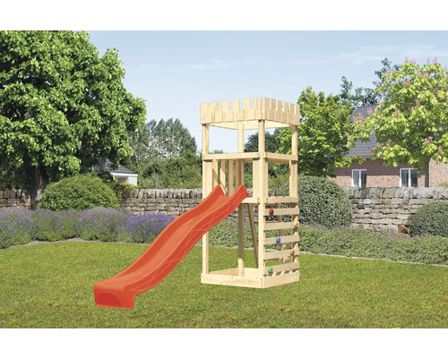 Tour de jeux cabane de jeux Karibu Löwenherz 107 x 107 cm en bois avec toboggan et mur d'escalade