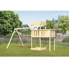 Spielturm mit Schaukel aus Holz im Garten