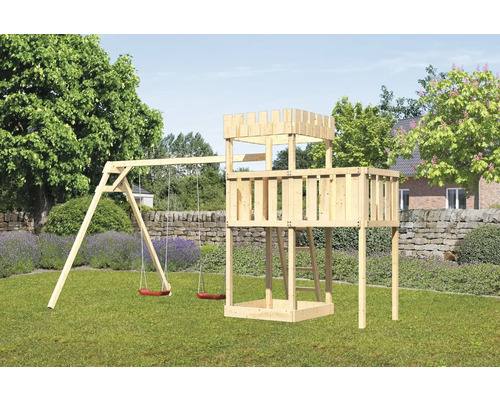 Tour de jeux cabane de jeux Karibu Löwenherz 107 x 107 cm en bois avec 2 balançoires et extension