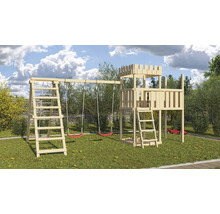 Holzspielturm mit Schaukel und Leiter im Garten