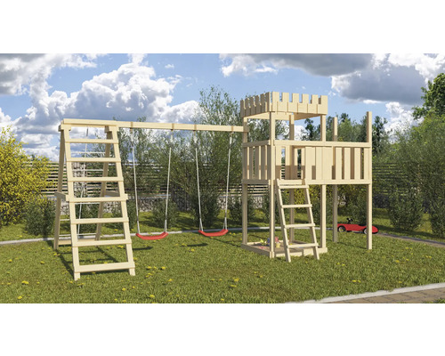 Tour de jeux cabane de jeux Karibu Löwenherz 107 x 107 cm en bois avec extension, tour de base