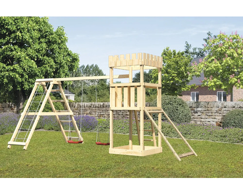 Tour de jeux cabane de jeux Karibu Löwenherz 107 x 107 cm en bois avec rampe en filet et tour de base