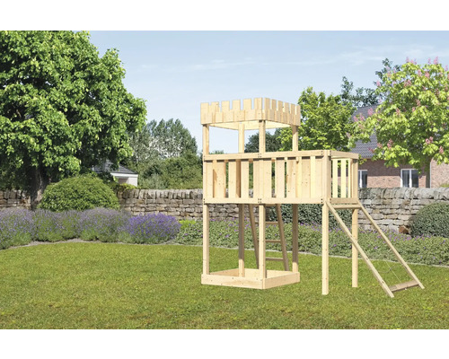 Tour de jeux cabane de jeux Karibu 107 x 107 cm en bois avec extension et rampe en filet