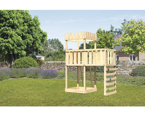 Tour de jeux cabane de jeux Karibu Löwenherz 107 x 107 cm en bois avec extension et mur d'escalade