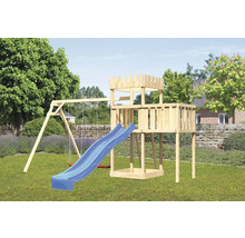 Tour de jeux avec balançoire et toboggan en bois dans le jardin