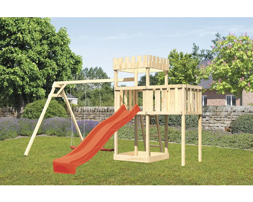 Tour de jeux cabane de jeux Karibu Löwenherz 107 x 107 cm en bois avec toboggan, 2 balançoires et extension