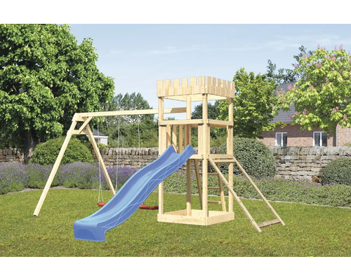 Tour de jeux cabane de jeux Karibu Löwenherz 107 x 107 cm en bois avec toboggan, 2 balançoires et rampe en filet