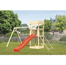 Tour de jeux avec balançoire et toboggan dans le jardin