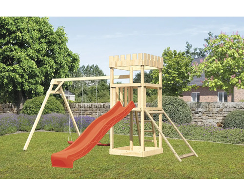 Tour de jeux cabane de jeux Karibu Löwenherz 107 x 107 cm en bois avec toboggan, 2 balançoires et rampe en filet