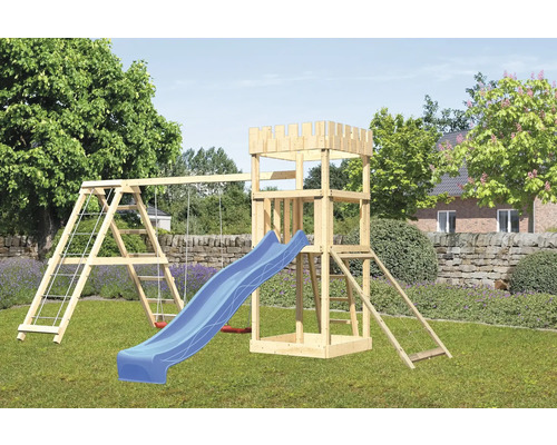 Tour de jeux cabane de jeux Karibu Löwenherz 107 x 107 cm en bois avec extension, tour de base, rampe en filet, portique et toboggan