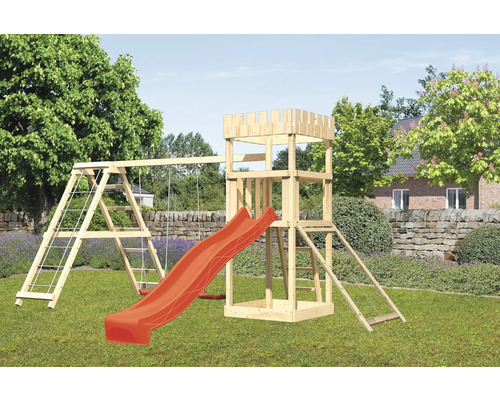 Tour de jeux cabane de jeux Karibu Löwenherz 107 x 107 cm en bois avec extension, tour de base et rampe en filet