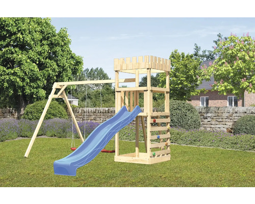 Tour de jeux cabane de jeux Karibu Löwenherz 107 x 107 cm en bois avec toboggan, 2 balançoires et mur d'escalade