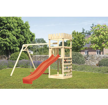 Tour de jeu en bois avec balançoire et toboggan dans le jardin