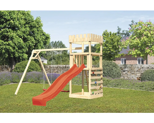 Spielturm Spielhaus Karibu 107 x 107 cm Holz bestehend aus Rutsche, 2 Brettschaukeln, Kletterwand